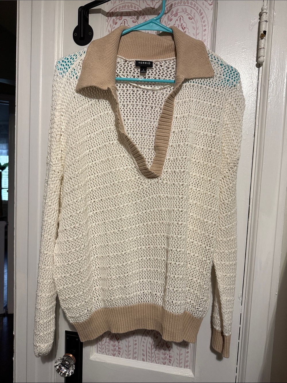 torrid Cream Open-Knit Polo Sweater with Tan Trim